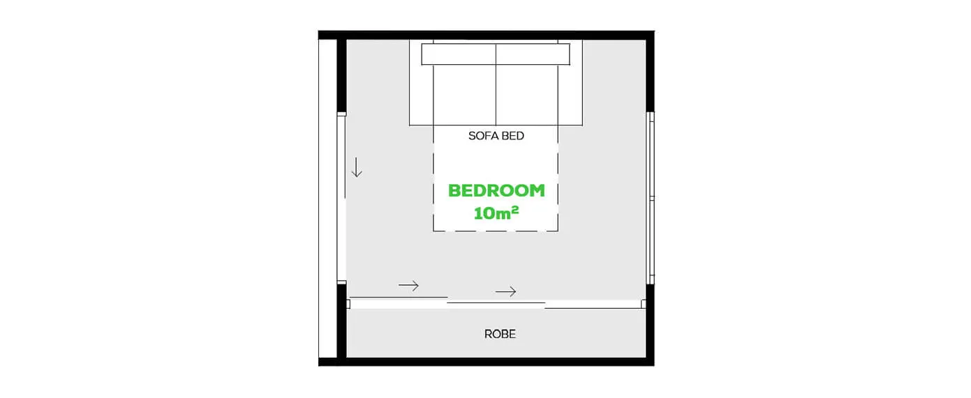 Floor plan, 3.6 × 3.6 m Front access