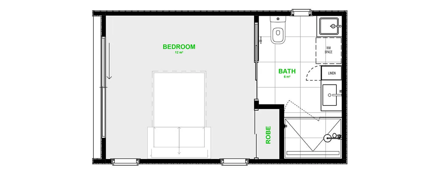 Floor plan, 6.0 × 3.6 m Front access
