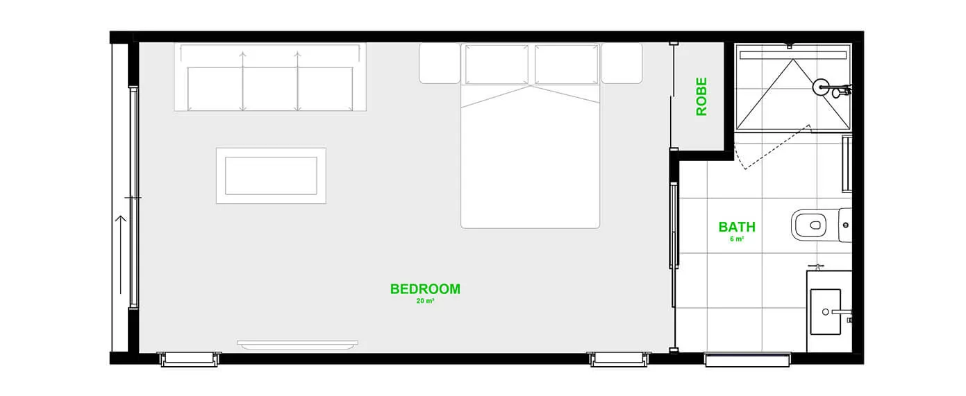 Floor plan, 8.3 × 3.6 m Front access