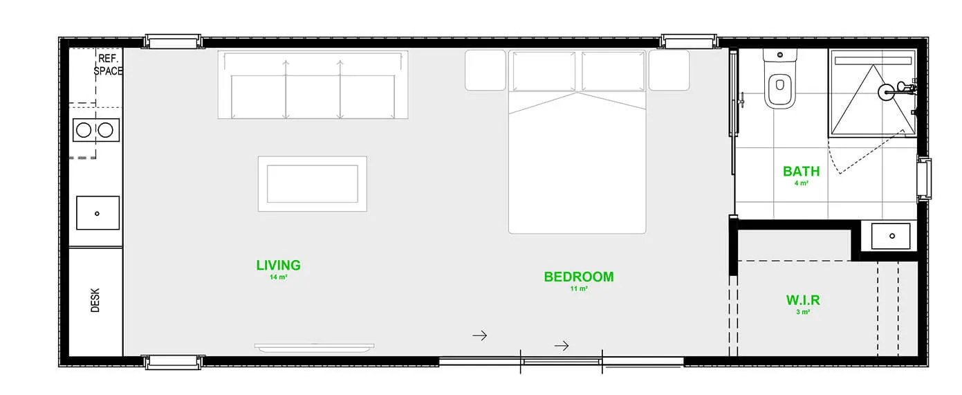 Floor plan, 9.5 × 3.6 m Front access