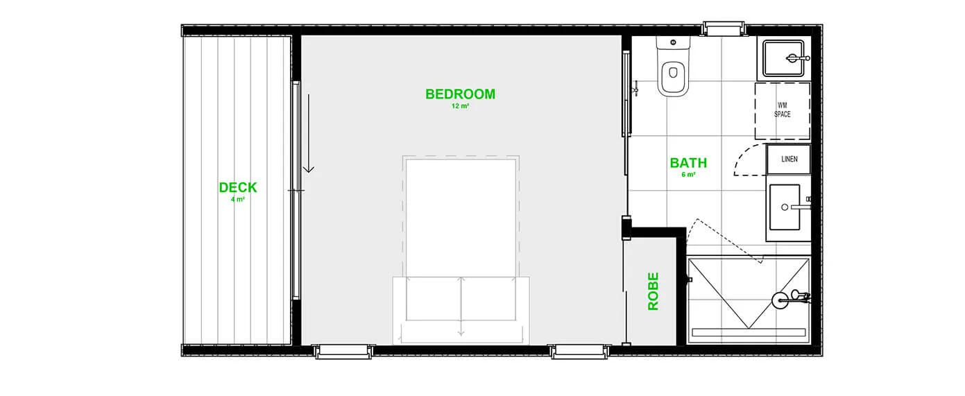 Floor plan, 7.2 × 3.6 m Front access with deck