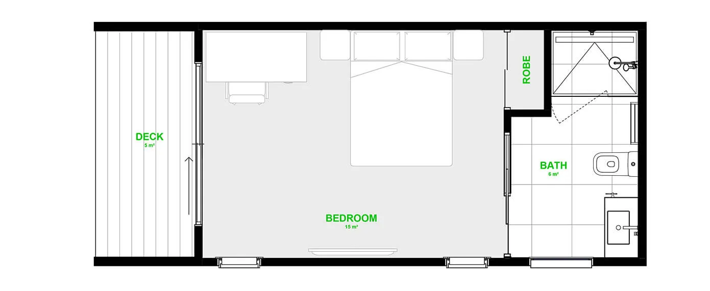 Floor plan, 8.3 × 3.6 m Front access with deck