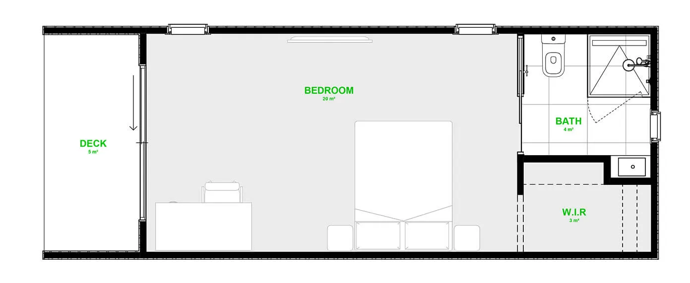 Floor plan, 9.5 × 3.6 m Front access with deck
