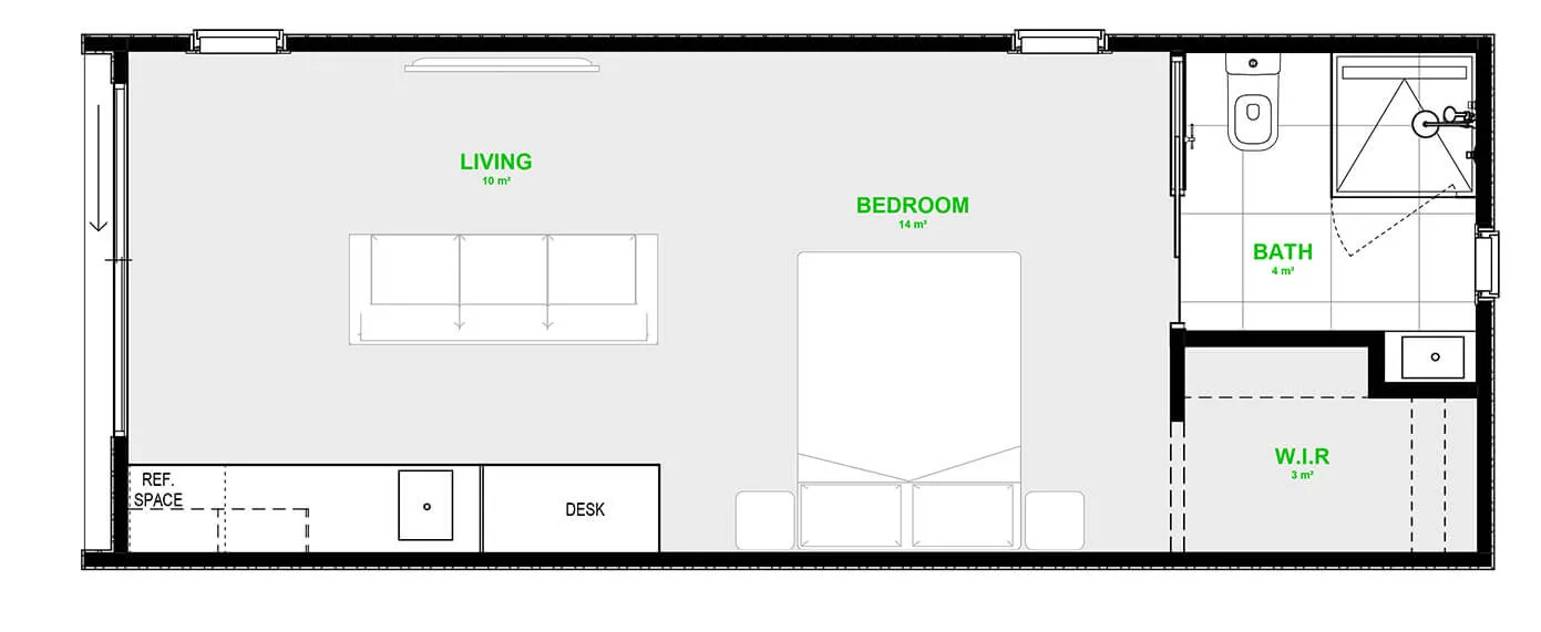 Floor plan, 9.5 × 3.6 m Side access